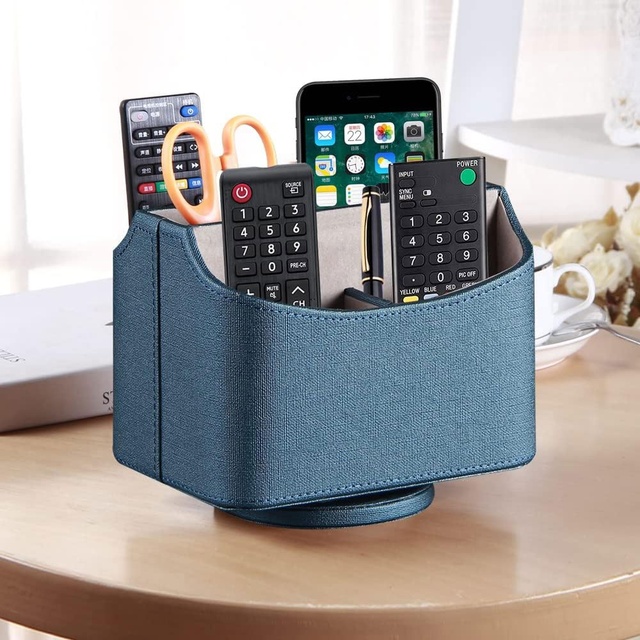 Classic Design 360 Degrees Rotatable PU Leather Remote Control Holder Glossy Polygon Home Multifunction Desktop Organizer