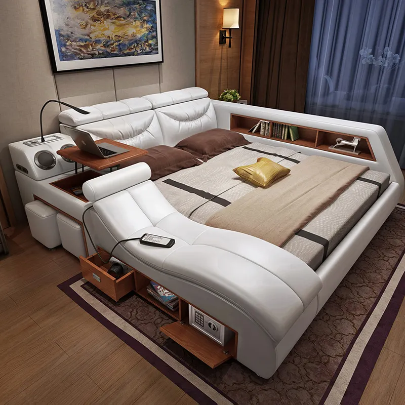 Slim Slaapkamermeubilair Multifunctioneel Lederen Bed Modern Kingsize Bed Met Massagefunctie En Luidspreker