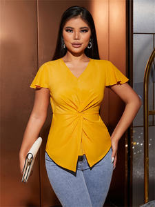 Baju Olahraga Wanita Lengan Pendek Kerut Elegan Model V-Neck Solid Twist untuk Musim Panas - Product Image 3