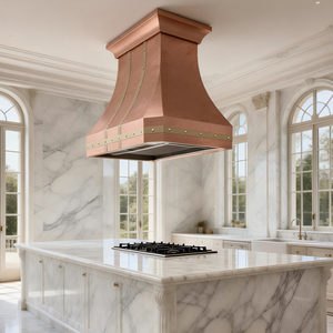 <span class=keywords><strong>Hotte</strong></span> de cuisine architecturale en cuivre martelé à la main, de style européen classique, en forme de cloche, à montage en îlot au plafond, avec sangles en laiton - Product Image 1
