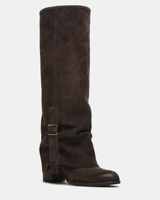 Bottes hautes en daim marron pour femme, style western cowboy, à enfiler, talon épais, pliables, avec boucle