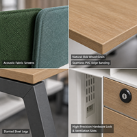 Poste de travail modulaire moderne pour bureau, double écran décalé avec rangement intégré, crédence et bibliothèque