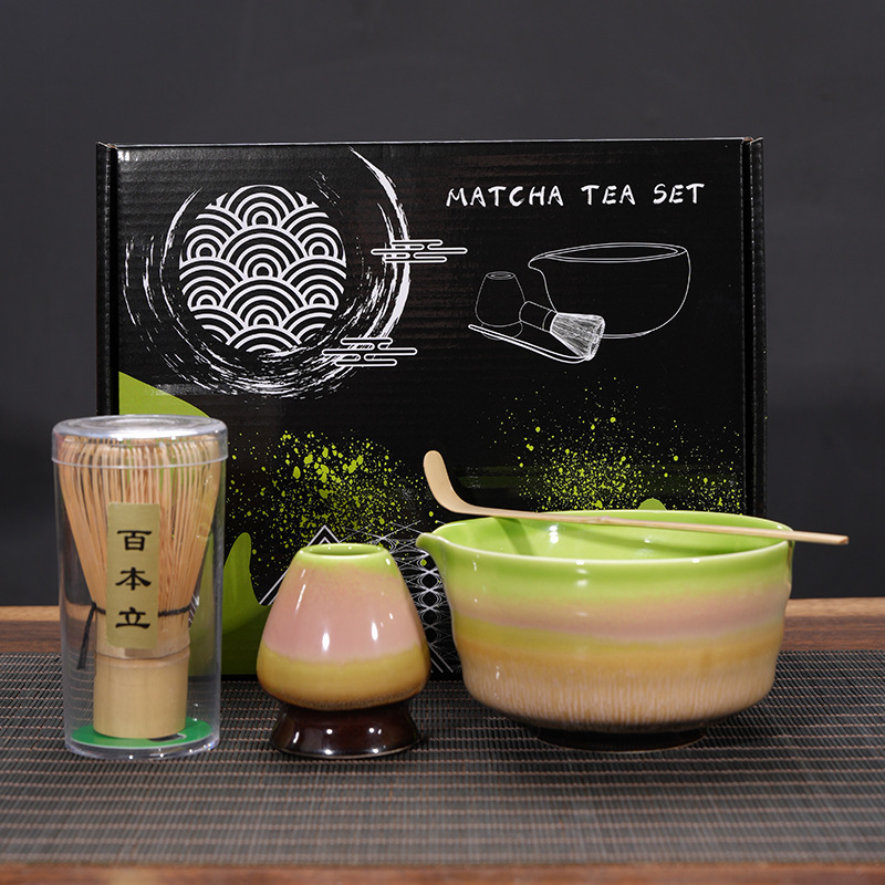Ensemble de 4 bols à matcha tournés au four vert (xian) + boîte de couleur