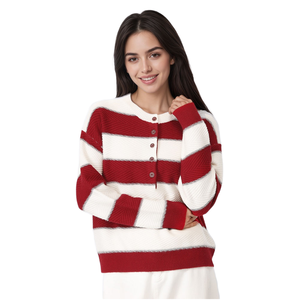 Womens <strong>Woolen</strong> Stripe Knitted <strong>Tops</strong> 100% Wool Elegant Crew Neck Knitted Pullover with Elastic Ribbed Hem - Product Image 1