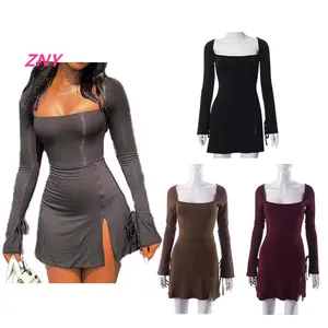 Hot Selling 2024 Solid Color Flare Sleeve Dress Square Collar Slim Fit Dresses Summer High Waist Split Mini Dress For Women