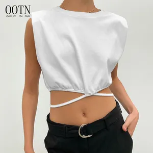 OOTN Summer Streetwear Shoulder Pad Pullover Blouses Female Women Sleeveless White Crop Tops Casual O-Neck Lace-Up Cotton Tops