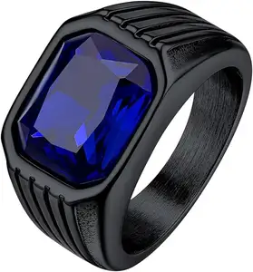 Cincin baja tahan karat untuk anak laki-laki, batu permata Natural berlapis jari safir biru dan perak, ukuran baja tahan karat, batu permen susun modis