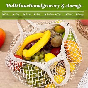 Reusable Cotton Mesh Produce Bags, Beige Washable Grocery <b>Net</b> Tote Bags with Handles, Eco Friendly Organizer - Product Image 4