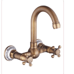 <span class=keywords><strong>Robinet</strong></span> <span class=keywords><strong>mural</strong></span> de cuisine et salle de bain HUBEN en laiton antique, design classique européen, double poignée, finition brossée bleu et blanc - Product Image 5