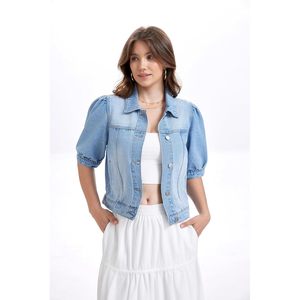 Chaqueta vaquera corta personalizada para mujer con mangas abullonadas y bolsillos, abrigo vaquero azul claro lavado para mujer - Product Image 2