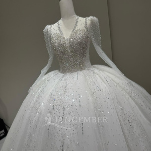 Vestido de Novia de Tul Blanco Brillante Lscm87, con Cuentas de Cristal, Manga Larga, Cuello Ilusión, Estilo Princesa, Vestido de Novia Jancember - Product Image 4