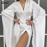 QINSI blanc peignoir Robe de mariée femme Satin Pj à lacets à manches longues vêtements de nuit Robes pour femmes robes de mariée chemise de nuit
