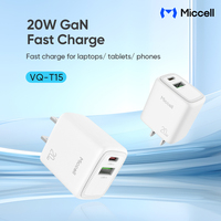 Chargeur mural pliable à double port Miccell GaN Fast Charge 20W PD USB-C USB-A pour ordinateur portable, tablette, téléphone, voyage