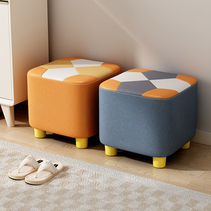 Orange <strong>Patchwork</strong> Square Ottoman, PU Leather Cube <strong>Footstool</strong>, Kids Upholstered Stool with Wooden Legs for Nursery &amp; Living Room - Product Image 4