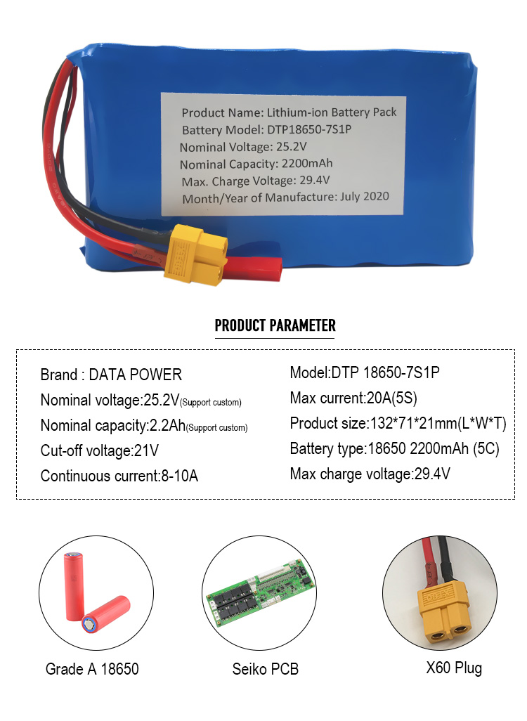 DTP 7S1P 18650 Lithium Ion Battery Pack 25.2V for Scooters & OEM