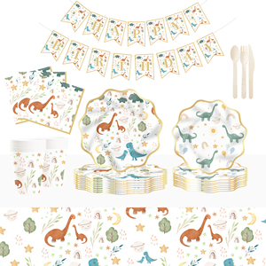 ชุดจานชามกระดาษลายไดโนเสาร์ธีมป่าสำหรับเด็กผู้ชาย ชุดอุปกรณ์บนโต๊ะอาหารวันเกิดแบบใช้แล้วทิ้ง ประกอบด้วยจาน ถ้วย กระดาษเช็ดปาก ยี่ห้อ DAMAI - Product Image 1