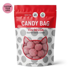 Bolsas de Mylar con ventana para envasado de dulces y gomitas comestibles, personalizadas con logo impreso, impermeables y con cierre vertical. - Product Image 1