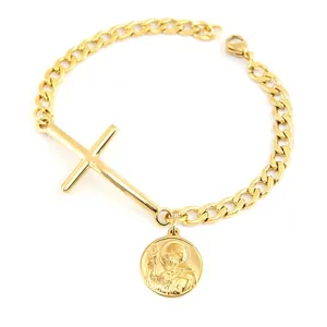 Christian religious men women Cuban chain jewelry stainless steel religious catholic saint bracelet San Benito with cross