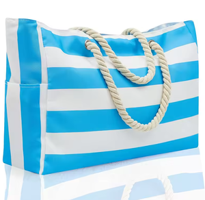 Bolsa de compras de lona ecológica con logotipo personalizado, bolsa de playa a rayas con asa de cuerda de gran capacidad. - Product Image 4