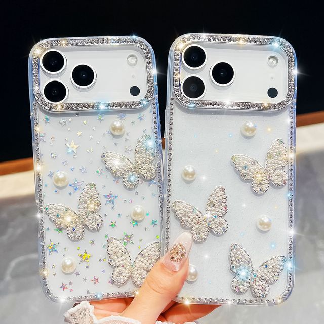 Glitter Pearl Butterfly Phone Case Rhinestone Lens Frame Shockproof Hard Protective Cover  for iphone 16 Pro Max case