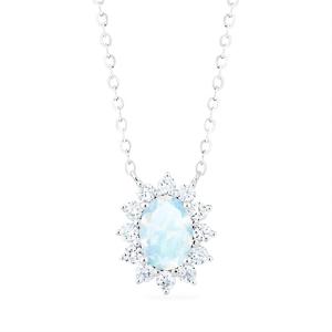Women's 925 Silver Rhodium Plated Oval Crystal Pendant <b>Necklace</b> Flower Shape Claw Setting Classic Link Chain Wedding Jewelry - Product Image 2