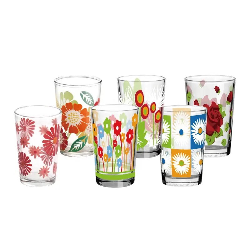 Wholesale factory cheap 107V/108V custom printing unique flower decal drinking glassware water glass cup