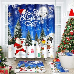 Rideau de Douche en Polyester Imprimé Numérique Personnalisé Imperméable Motif Père Noël et Bonhomme de Neige Bleu pour Noël, Vente en Gros - Product Image 1