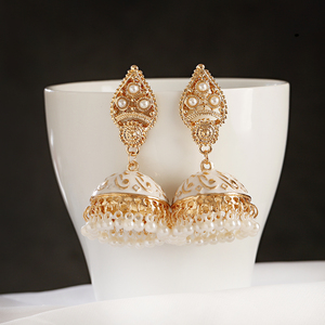 Orecchini Etnici Retrò Geometrici Jhumka Turchi da Donna Gioielli Indiani Orecchini Pendenti con Nappa a Campanella Dorata a Fiore - Product Image 5