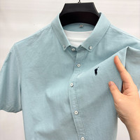 Kemeja Pria Lengan Pendek Oxford 100% Katun Bordir Logo Kerah Kancing Warna Solid Bahan Bernapas Kasual Buatan Cina