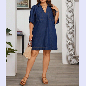 Robe en jean décontractée d'été pour <span class=keywords><strong>femme</strong></span> grande taille, coupe ample, col en V, poches avant, 85 % coton, 15 % polyester - Product Image 6