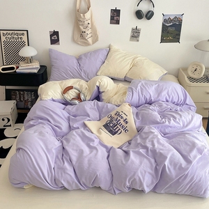 Parure de lit 3/4 pièces en coton lavé style américain, couleur unie, douce, couleur bonbon, housse de couette, drap plat, taie d'oreiller, pour la maison et l'hôtel - Product Image 2