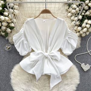 For Fashion Women's Pleated Bubble Sleeve <b>Blouse</b> Bowknot Waisted Ruffle Hem Top Casual Style With Solid Pattern for Summer - Product Image 1