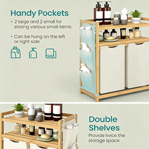 Panier à linge en bambou avec étagère, grande capacité 100L, double panier à linge coulissant avec poches latérales - Product Image 5