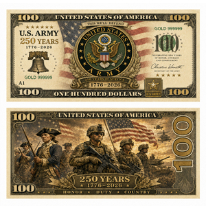 Set di 4 banconote dorate bifacciali con motivi militari della Marina, Esercito, Aeronautica e Marines degli Stati Uniti, per il 250° anniversario (1776-2026), decorazione per le feste - Product Image 5