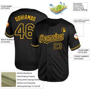 เสื้อเบสบอลแบบกำหนดเอง FOXA สำหรับผู้ชาย Desmoines 23 สีดำสีเหลืองเย็บติดกัน ชุดกีฬาที่ช่วยระบายความชื้น - Product Image 1