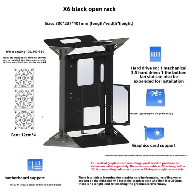 Open Case 240/360 Water & Air Cooling ATX/MATX Rack Vertical Installation Graphics Card Computer Host Small Case