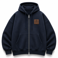 Sweat à capuche pour homme de haute qualité, en gros, 500 g/m², ultra lourd, bleu marine classique, avec double fermeture éclair, patch en cuir, style workwear