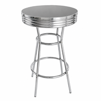 Table de bar rétro style américain des années 1950, plateau rond, pieds chromés, repose-pieds double anneau, bord côtelé, pour restaurant, café, pub