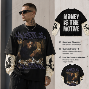 Maglietta a Maniche Lunghe da <span class=keywords><strong>Uomo</strong></span> con Design a Strati, Oversize, Stile Hip Hop, Stampa Grafica, Produzione OEM Personalizzata all'Ingrosso - Product Image 4