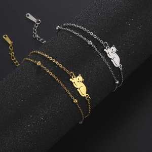 Pulsera de Acero Inoxidable con Dije de Gato Acostado para Mujer, Linda Pulsera de Mano con Doble Cadena de Gatito, Joyería, Regalo, Venta al por Mayor - Product Image 1