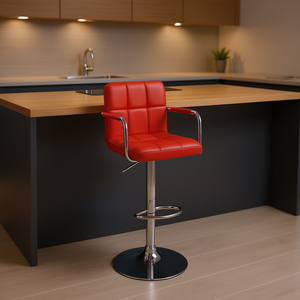 Taburete de Bar Contemporáneo de Cuero Sintético Rojo, Altura Ajustable, Base Redonda con Marco Cromado, Silla para Isla de Cocina - Product Image 2