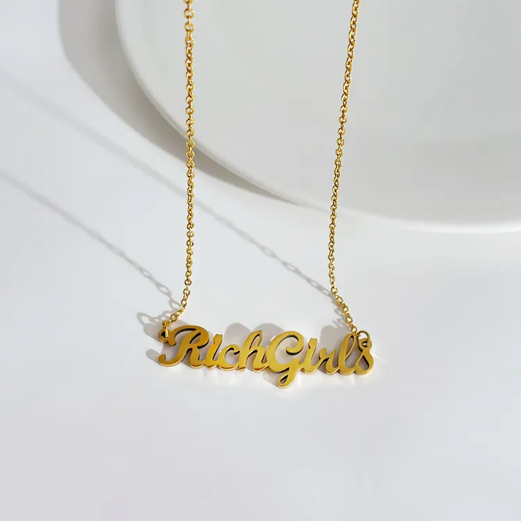 Colar de pingente personalizado com nome, colar banhado a ouro 18 k, logotipo em aço inoxidável, menina rica, joia dourada livre