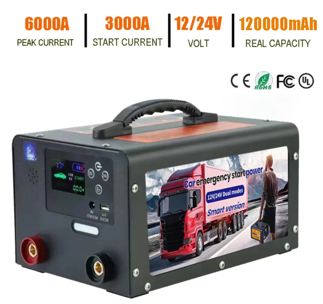 2026 Portable 12V 24V Heavy Duty OEM Multi Function Black Truck Jump Starter Power Bank Booster Pack 1 Year Warranty