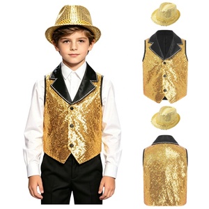 Ensemble Gilet et Chapeau à Paillettes pour Garçons, Costume de Danse Hip-Hop, Gilet à Paillettes, Bordure en Strass Paisley, Col Cranté, Costume de Scène Personnalisé - Product Image 3