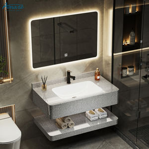 Meuble <span class=keywords><strong>de</strong></span> <span class=keywords><strong>salle</strong></span> <span class=keywords><strong>de</strong></span> <span class=keywords><strong>bain</strong></span> moderne à deux niveaux avec vasque en <span class=keywords><strong>céramique</strong></span>, miroir LED et lavabo mural en dalle <span class=keywords><strong>de</strong></span> roche - Product Image 2