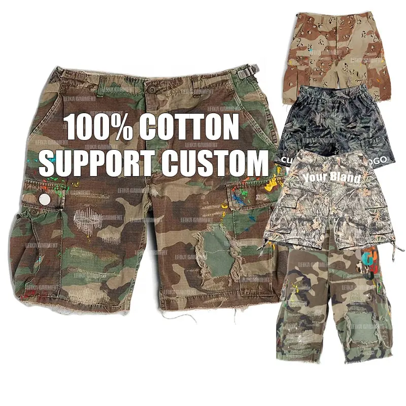 Groothandel Zomer Streetwear Baggy Broek Custom Print Denim Gewassen Distressed Camouflage Man Camo Cargo Jorts Heren Shorts
