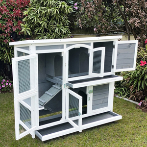 SDR050 SHUNDA Luxury Eco-Friendly Wooden Pet House for Rabbits with Print Design Outdoor Hutch Tray Wheels 2 Grey - Product Image 3