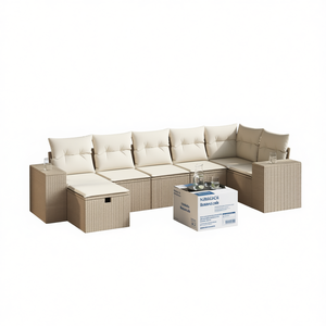 Ensemble de canapés de jardin modulaires en polyrotin beige, meubles d'extérieur confortables, design moderne, coussins en mousse haute densité - Product Image 1