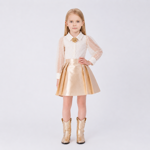 Ensemble <span class=keywords><strong>jupe</strong></span> et chemisier doré scintillant deux pièces personnalisé pour filles, nouvelle robe d'été style western, assorti grande sœur petite sœur, ODM - Product Image 2