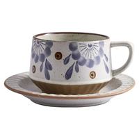 Set Cangkir Kopi Keramik Vintage dengan Piring, Lukisan Tangan Jepang, Desain Retro Mewah Ringan 300-400ml untuk Penggunaan di Rumah, Kafe, Sarapan